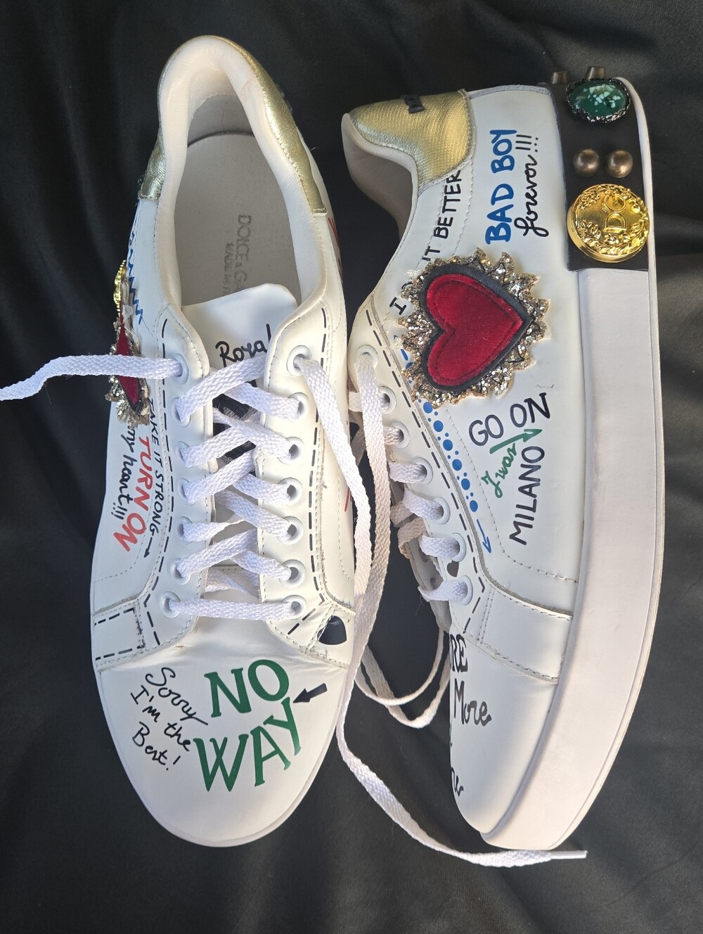 Dolce & Gabbana White Graffiti Heart Embellished Low-Top Sneakers